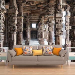 Column Ruins Wall Mural, SELF-ADHESIVE WALLPAPER, Indian Temple Wall Art, Minaret Wall Décor, Indian Style Wall Covering, 3D Wall Decoration