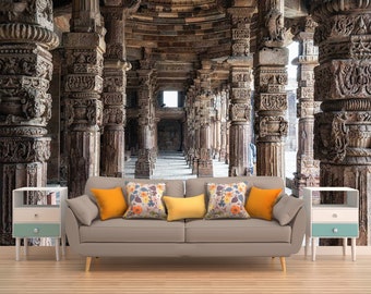 Column Ruins Wall Mural, SELF-ADHESIVE WALLPAPER, Indian Temple Wall Art, Minaret Wall Décor, Indian Style Wall Covering, 3D Wall Decoration