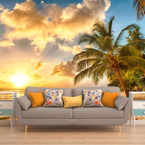 Tropical Beach Peel & Stick Wall Mural, EXOTIC BEACH WALLPAPER, Palms Wall Décor, Sunset Wall Art, Sunrise Wall Hanging, Sand Wall Art