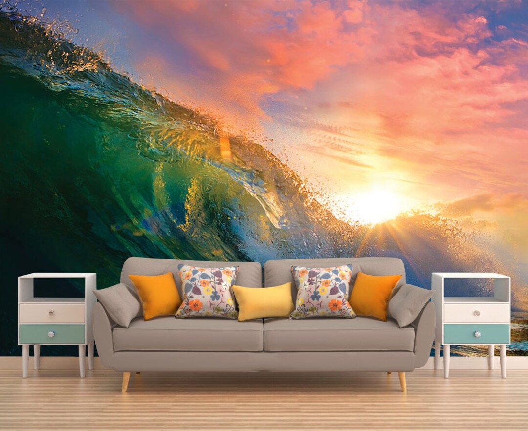 COLORFUL SUNSET WALLPAPER, Big Wave Wall Mural, Wave Wall Covering