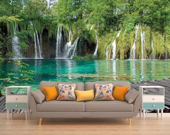 Water Wall Decor, Wall Covering, Waterfall Wall Mural, Wallpaper Nature, Trees Wall Decal, Removable Wall mural, Self Adhesive Vinyl