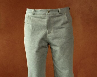 Calça jeans cinza cropped feita à mão, 100% algodão denim, peça de estoque antigo.