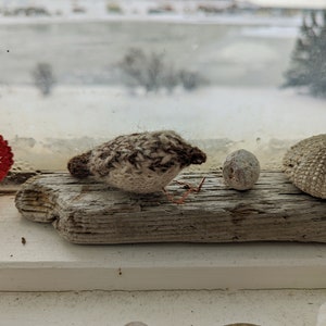 May include: A small knitted bird figurine with brown yarn and copper wire legs sits on a piece of driftwood with two smooth gray stones.