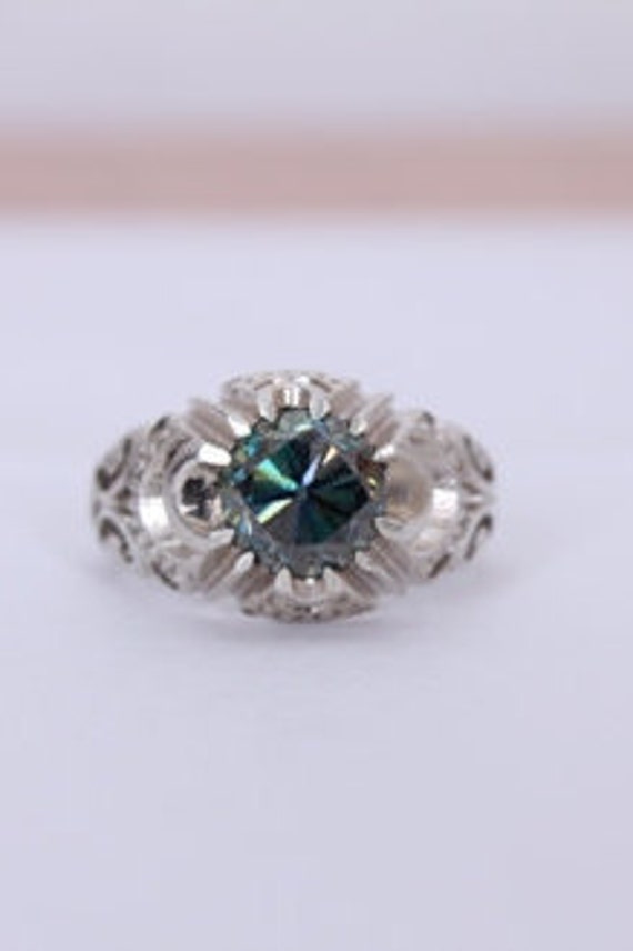 2.43CT Round Moissanite Blue Sapphire Halo Engagement Ring 925 Sterling Silver