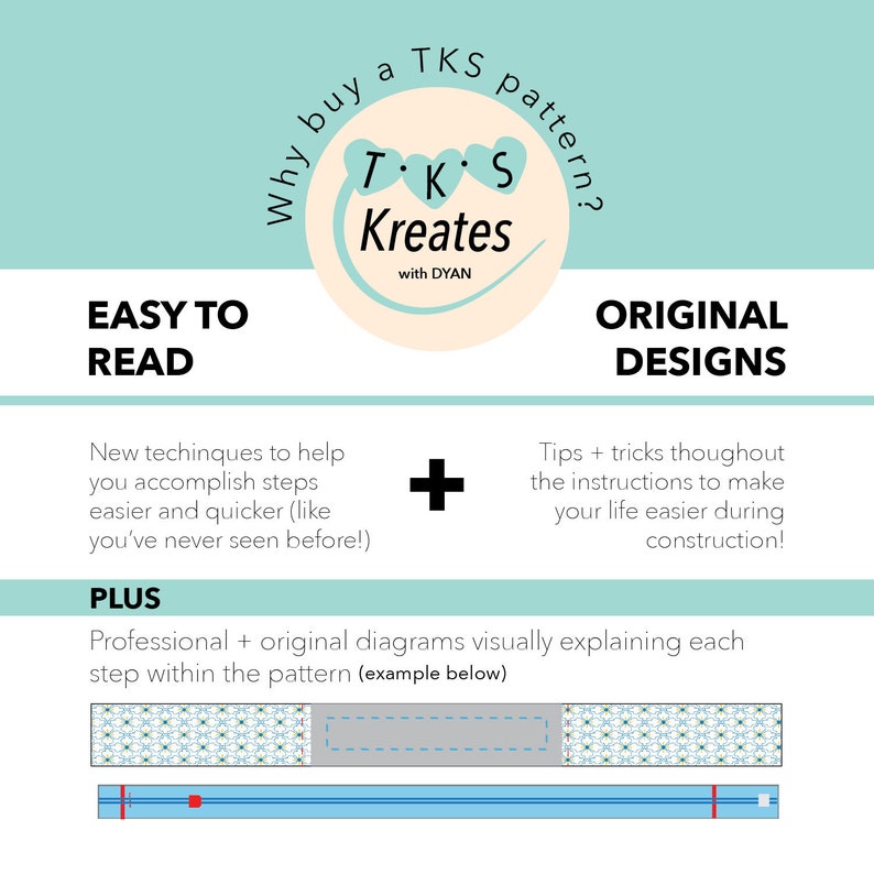 May include: A graphic with a light blue background and white text explaining the benefits of buying a TKS Kreates pattern. The graphic includes a logo with the text "TKS Kreates" and the words "Easy to Read", "Original Designs", and "Plus". The graphic also includes a plus sign and a diagram showing an example of a pattern.