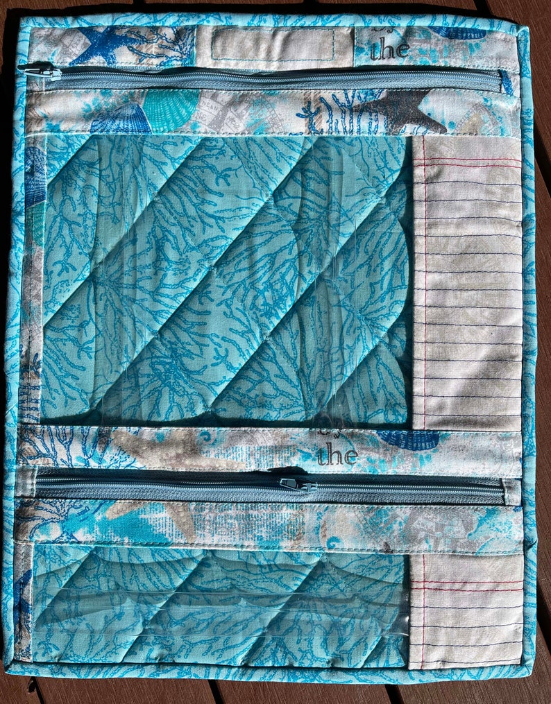 May include: A blue quilted zippered pouch with a clear plastic window. The pouch has a white background with a blue and white floral pattern. The zipper pulls have the word "the" printed on them.