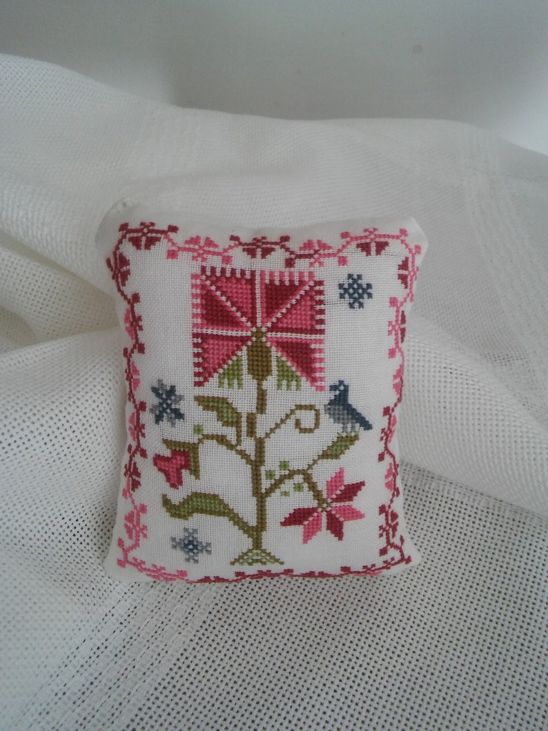 home decor exclusive gift Beautiful handmade cross stitched pincushion with floral motif