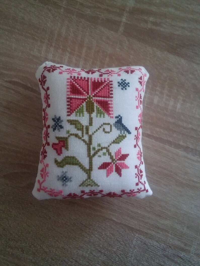 home decor exclusive gift Beautiful handmade cross stitched pincushion with floral motif