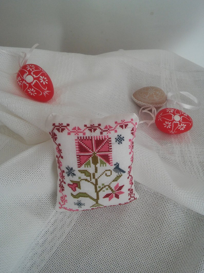 home decor exclusive gift Beautiful handmade cross stitched pincushion with floral motif