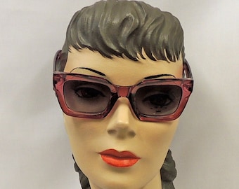 May include: Square-framed sunglasses with a translucent red frame and dark lenses. The sunglasses are displayed on a mannequin head with dark hair, red lips, and a neutral skin tone. The background is plain white.