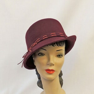 Burgundy Vintage style 1930’s 1940’s inspired 100% Wool Turn-up  Brim Bucket Crown Tilt Trilby Cloche Hat