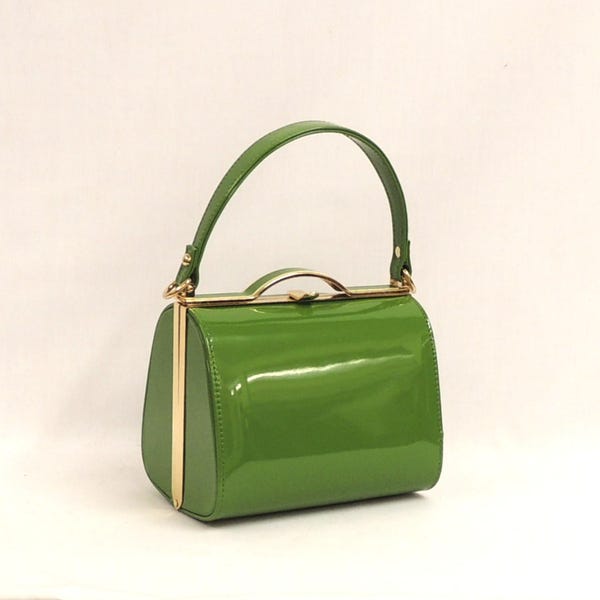 Sac à main Audrey Deco vert olive vintage des années 1940 des années 1950 avec cadre en boîte verni, haut de gamme