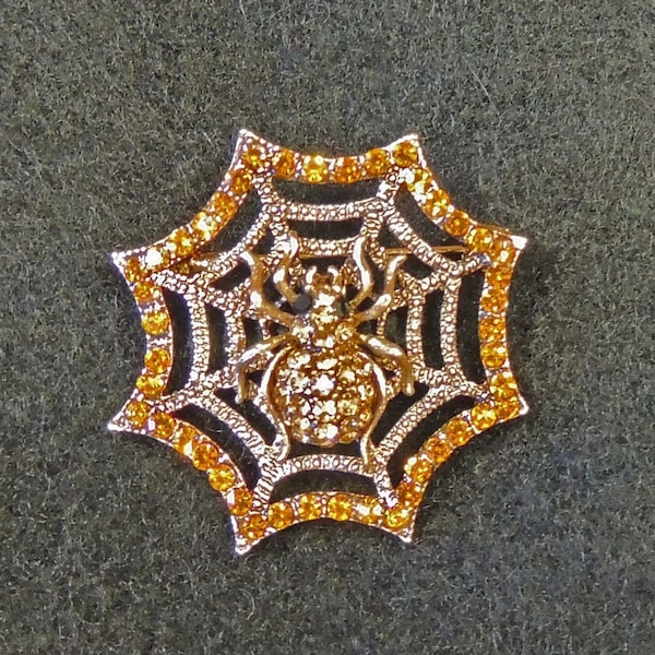 Amber colour Rhinestone Vintage style Spiderweb Novelty Brooch