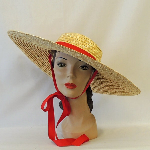 Large Brim Natural Straw & Red Cartwheel / Platter  Summer Sun Hat 1940s 50's Vintage style