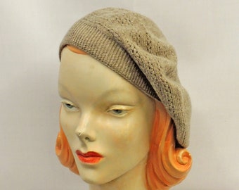 Taupe Kaschmir-Mischung weiche Doppelschicht Spitze stricken 1930er 1940er Jahre Vintage-Stil Slouch Beret