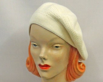 Creme Kaschmir Mischung weiche Doppelschicht Spitze stricken 1930er 1940er Jahre Vintage Stil Slouch Beret