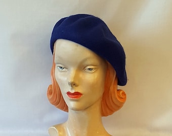 Dunkel Royal Blau 100% Schurwolle Zeitlos Klassisch 1930er 1940er Jahre Vintage Stil Beret