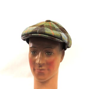 Blue & Green  8 panel  100% Wool Tartan Tweed  Baker boy News Boy Cap Hat Vintage 1930s 1940s style