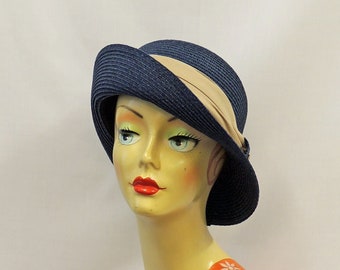Blue & Beige  Vintage Style 1930s 1940s wide brim Cloche Hat