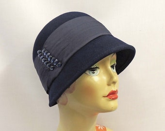 Navy Blue Vintage style 1920s inspired 100% Wool Felt Short Brim Cloche Hat