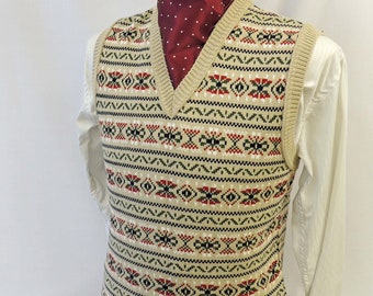 Mr. Tom  Beige & Red  Mens Vintage style 1930's 40's WW2 Wartime Fair isle knit slip over Tank Top