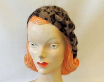 Brown  Leopard Super Soft Angora Blend  Classic 1930's 1940's  Vintage style Beret