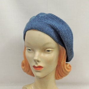 Blue Cashmere blend soft double layer lace knit  1930's 1940's  Vintage style slouch Beret
