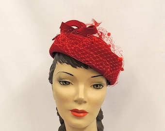 Red Vintage style 1940’s 1950’s inspired  Pillbox  Hat with Net Trim