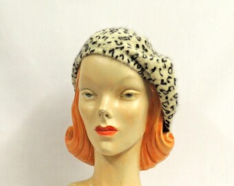 Cream  Leopard Super Soft Angora Blend  Classic 1930's 1940's  Vintage style Beret