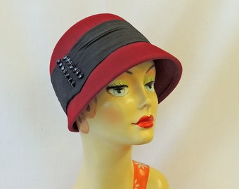 Wine Vintage style 1920s inspired 100% Wool Felt Short Brim Cloche Hat