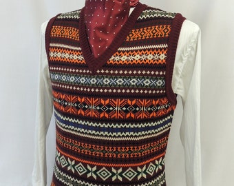 Richard Mens Burgundy & Orange Vintage style 1930's 40's WW2 Wartime Fair isle knit slip over  Tank Top