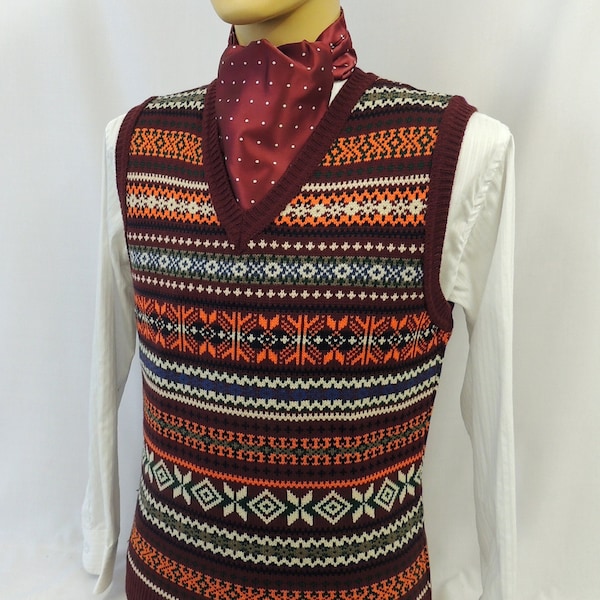 Richard Mens Burgundy & Orange Vintage style 1930's 40's WW2 Wartime Fair isle knit slip over  Tank Top