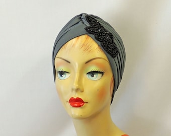 Grey Vintage style  1920s Flapper Headpiece  Turban Art Deco with bead applique