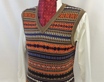 Richard Mens Brown & Orange Vintage style 1930's 40's WW2 Wartime Fair isle knit slip over  Tank Top