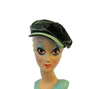 Green Velvet Vintage Style 1960s 1970s Hippy Boho Baker Boy Cap