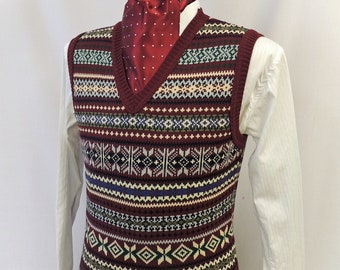 Richard  Mens Burgundy & Grey Vintage style 1930's 40's WW2 Wartime Fair isle knit slip over  Tank Top