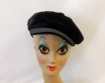 Black Velvet Vintage Style 1960s 1970s Hippy Boho Baker Boy Cap