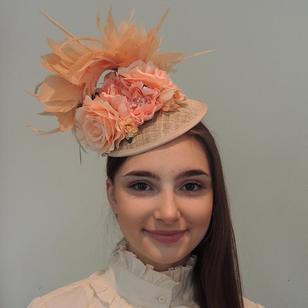 Vintage Style Peach Beige Fascinator with Beige Feathers and Peach Flowers  Hat Ascot Derby Races Wedding Hat. “One Off Piece”