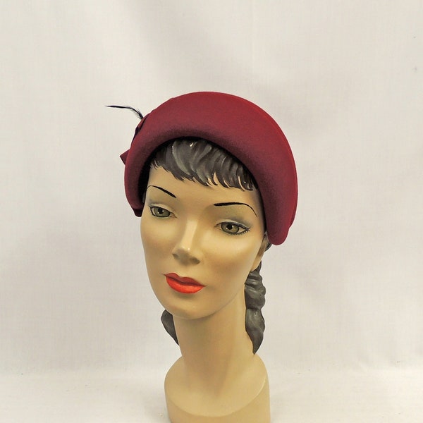 Burgundy Wine Vintage style 1940’s 1950’s inspired  Half Crown Hat with Feather and Grosgrain Trim