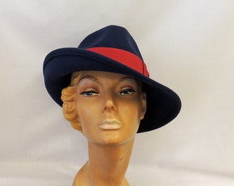 Blue Vintage style 1930’s 1940’s inspired 100% Wool Felt Large Brim Tilt Fedora Hat