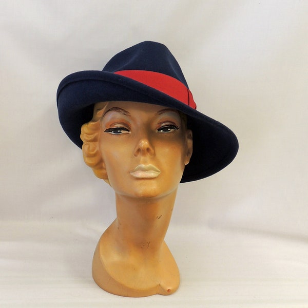 Blue Vintage style 1930’s 1940’s inspired 100% Wool Felt Large Brim Tilt Fedora Hat