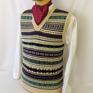 Beige & Green  Mens Vintage style 1930&#39;s 40&#39;s WW2 Wartime Fair isle knit slip over Tank Top