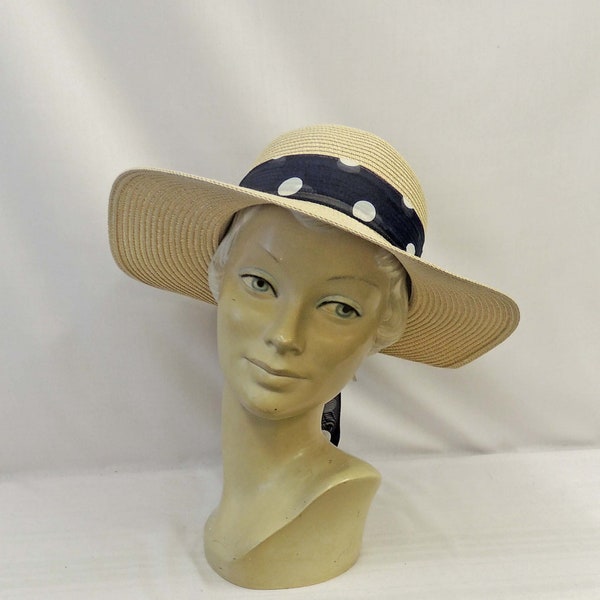 Sand colour  Vintage Style 1930s 1940s  Wide brim Summer Hat with Navy Blue Polka Dot Chiffon Tie