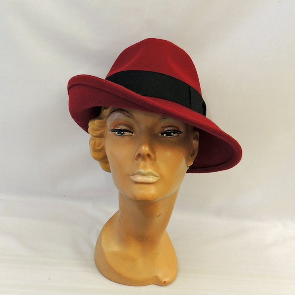 Wine Vintage style 1930’s 1940’s inspired 100% Wool Felt Large Brim Tilt Fedora Hat