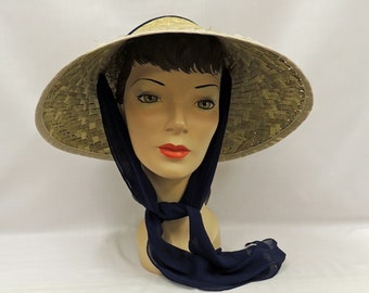 Navy Vintage style 1940s 50s Tiki Sun Coolie Hat with Blue Chiffon Tie scarf