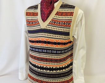 Beige & Orange  Mens Vintage style 1930's 40's WW2 Wartime Fair isle knit slip over Tank Top