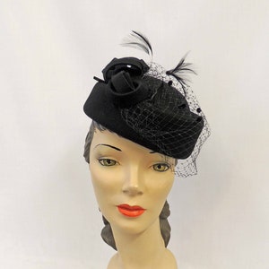 Black Vintage style 1940’s 1950’s inspired  Pillbox  Hat with Net Trim