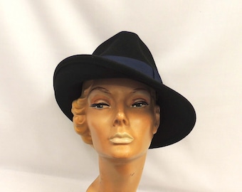 Black & Navy  Vintage style 1930’s 1940’s inspired 100% Wool Felt Large Brim Tilt Fedora Hat