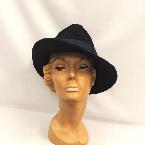 Black & Navy  Vintage style 1930’s 1940’s inspired 100% Wool Felt Large Brim Tilt Fedora Hat