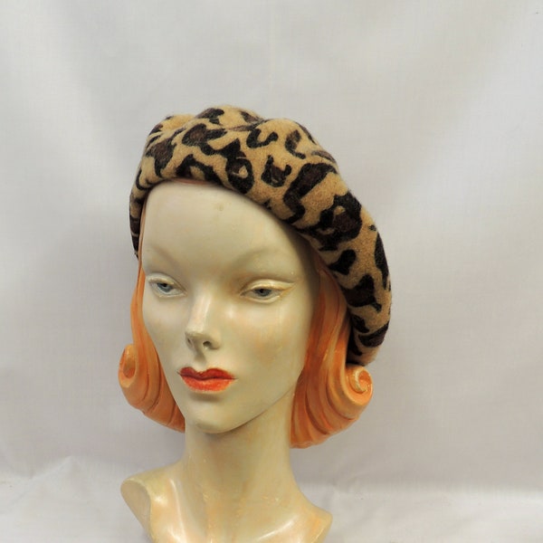 Brown Leopard print 100% Pure New Wool Timeless Classic 1930's 1940's Vintage style Beret